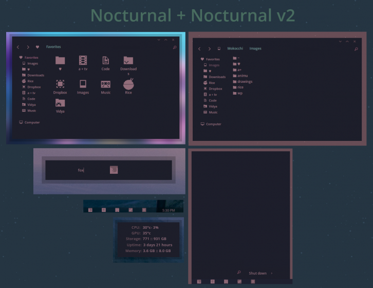 Nocturnal + Nocturnal V2 + Moko - Темы для Windows 7