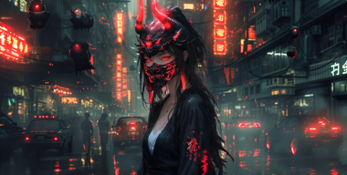 Cyberpunk Oni Mask Babe 4K