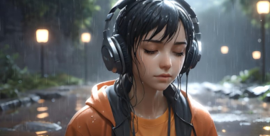 Девушка в наушниках под дождём