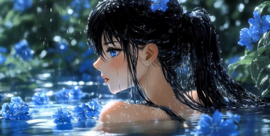 Девушка купающаяся в голубых цветах