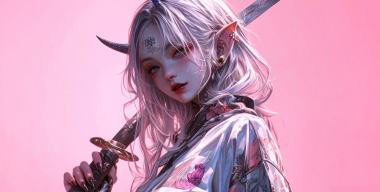 Аниме-девушка с белыми волосами и катаной