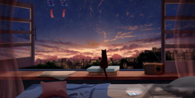 Кошка смотрящая на закат через окно