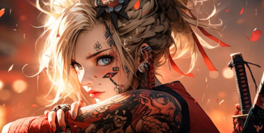 Татуировка девушки в стиле самурайской фантазии